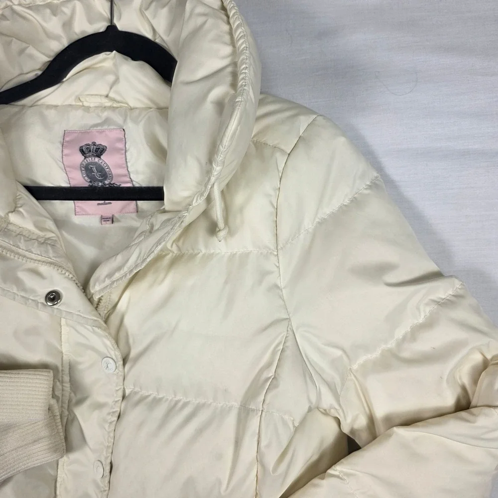 Juicy Couture Puffer Jacket Womens Medium Down Fill Cream Y2K Winter Coat‎ 2000s